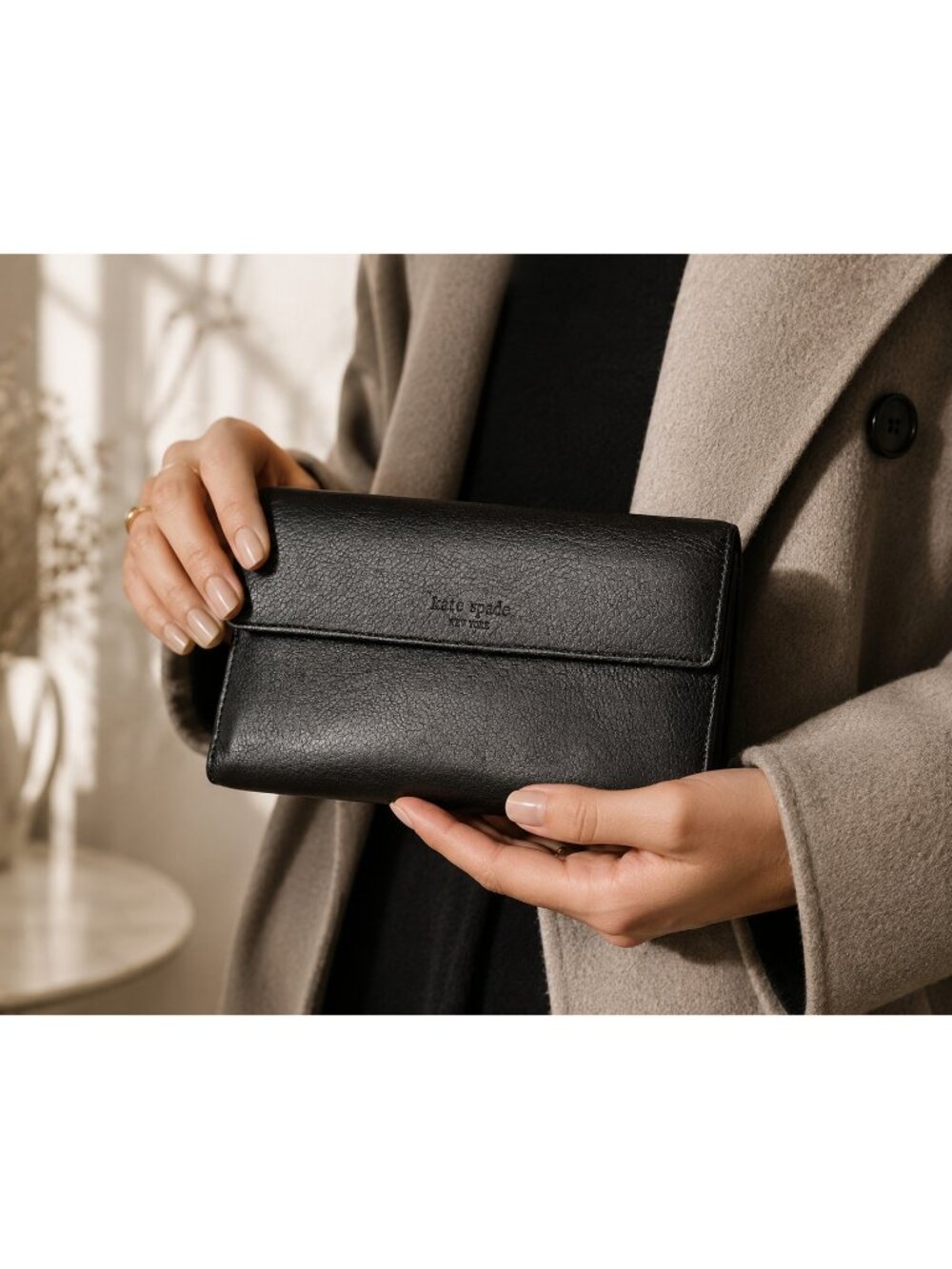 Kate Spade New York Black Leather Snap Wallet Checkbook Organizer Long Wallet